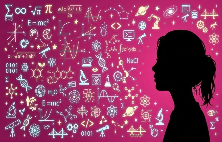 Silhouette di una ragazza circondata da formule, molecole, circuiti e strumenti scientifici